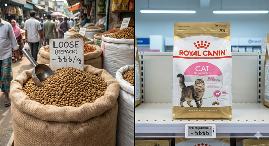 Split image comparing loose repack cat food in an open sack at a Dhaka market with a sealed branded cat food bag in a modern pet store, illustrating the choice between price and safety.