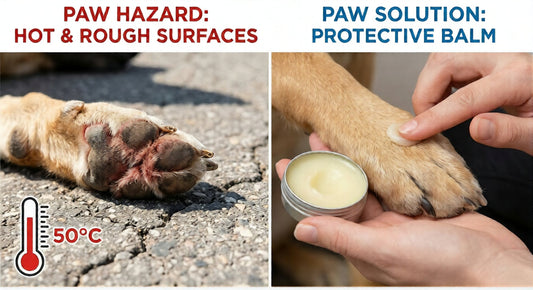 A side-by-side comparison illustrating the risk of hot pavement and rough surfaces causing cracked dog paws versus the solution of applying pet paw balm to moisturize and protect their pads.