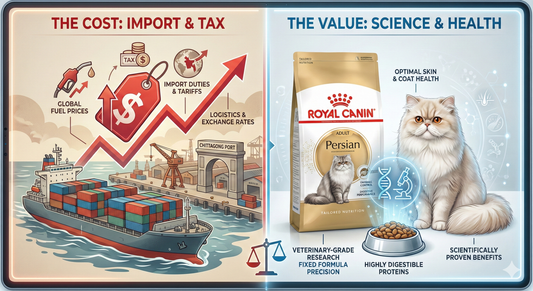 A side-by-side comparison showing the logistics and import taxes affecting the Royal Canin price list in Bangladesh versus the scientific nutritional value and R&D that justifies the cost for cat owners.