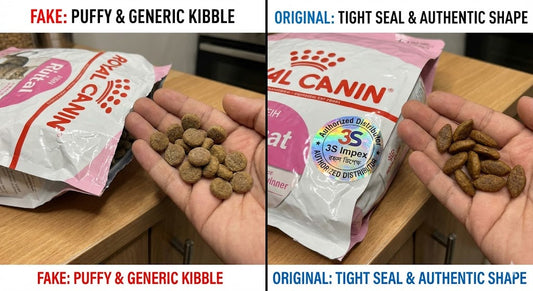 A side-by-side comparison illustrating how to identify Original Royal Canin BD packaging with the authorized importer sticker versus a puffy, counterfeit bag to spot fake food in Dhaka.