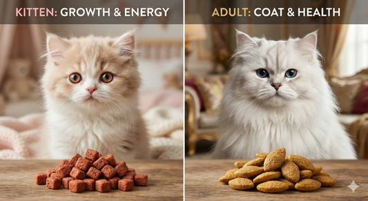 A side-by-side comparison for an RC Persian review, showing the small rectangular kibble for a Persian Kitten versus the almond-shaped kibble for an Adult, illustrating the specific nutritional and jaw-shape differences.