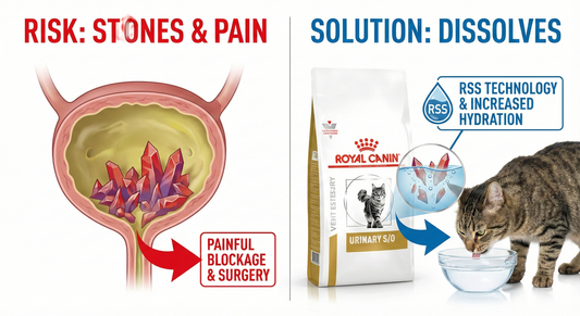 A side-by-side comparison showing dangerous struvite crystals causing blockages versus the dissolving effect of Royal Canin Urinary S/O cat food, illustrating how it prevents surgery for kidney stones.