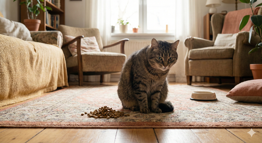 Tabby cat sitting next to a small pile of regurgitated undigested food on a clean floor, illustrating the 'scarf and barf' syndrome