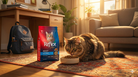 A healthy cat eating beside a bag of Reflex Plus