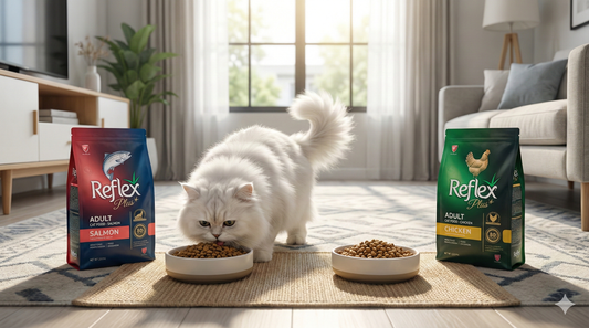 A cat choosing between two bowls of food next to bags of Reflex Plus Chicken and Reflex Salmon 1.5kg