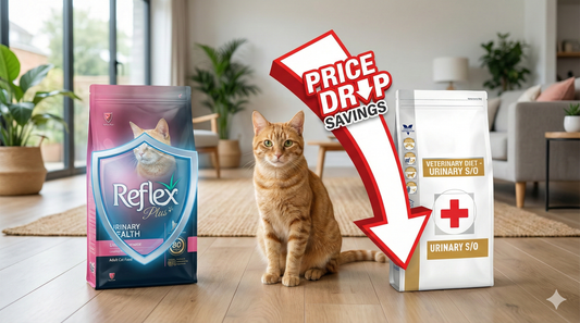 A comparison illustrating the affordable Reflex Urinary price against an expensive veterinary prescription diet bag, highlighting preventative cat care options.