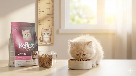 A kitten eating next to a bag of Reflex kitten food and a measuring cup