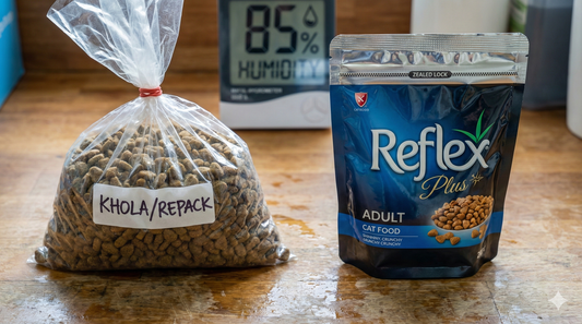 A comparison of risky loose Reflex Plus repack in a plain plastic bag versus a safe, factory-sealed 1.5kg bag in humid conditions.