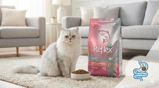 A long-haired Persian cat next to a bag of Reflex Plus Anti-Hairball food, illustrating the Reflex hairball control solution