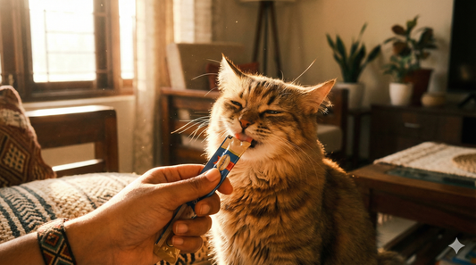 Happy cat eagerly licking SmartHeart Lick treats from an owner's hand, the best cat snack in BD for bonding.