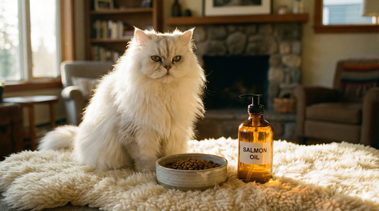 Fluffy Persian cat next to a bowl of SmartHeart food and a bottle of salmon oil supplement for coat health.