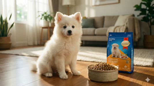 Healthy Spitz puppy sitting next to a bowl of kibble and a bag of SmartHeart puppy food for growing dogs.