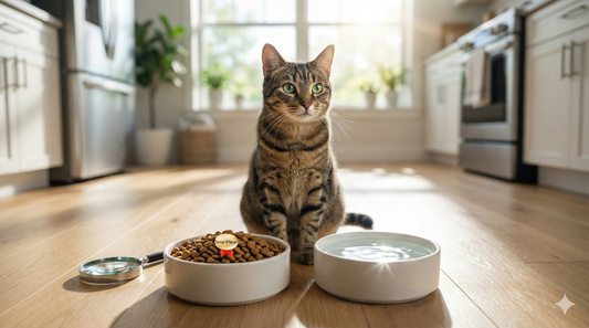 Healthy cat with a bowl of SmartHeart dry food and a water bowl, illustrating safe salt levels and the importance of hydration.
