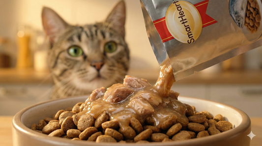 Pouring SmartHeart wet food pouch gravy over dry kibble to make an affordable and tasty meal topper.