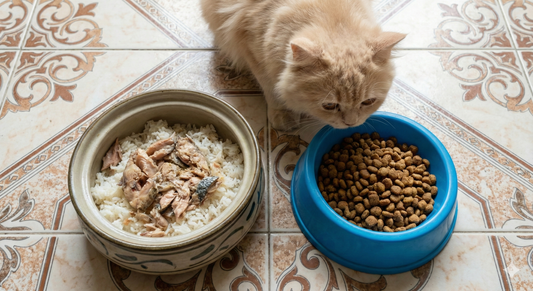 Overhead view of two cat bowls on a tiled floor, one with traditional fish and rice and the other with dry kibble, with a cat sniffing the new food, illustrating the transition process.
