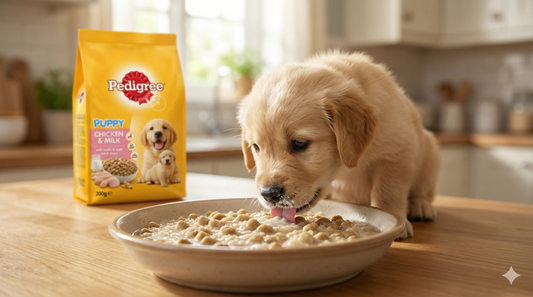 Young puppy eating softened Pedigree Chicken & Milk weaning food from a bowl.