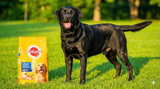 Black dog with glossy shiny coat standing next to a yellow bag of food, illustrating the Pedigree review BD 6-week results.