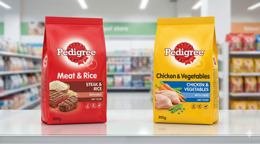 Comparison of different Pedigree flavors showing the red Meat & Rice bag next to the yellow Chicken & Vegetables bag.