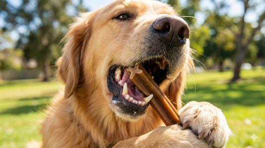 Happy dog chewing a Pedigree DentaStix dog dental stick to clean teeth and prevent tartar build-up.