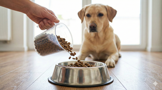 A hand using a standard measuring cup to precisely measure dry kibble into a bowl for correct dog food measurement.