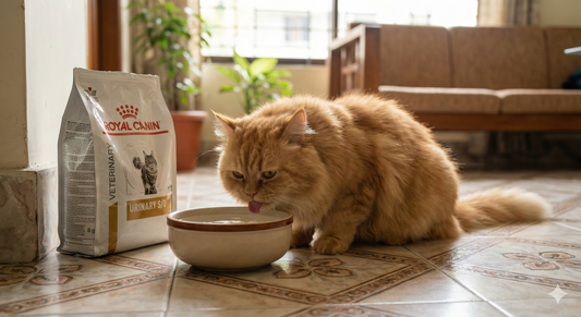 Healthy male cat drinking water next to a bag of urinary care cat food in a Dhaka home, emphasizing hydration for kidney health