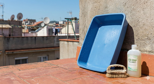 A freshly cleaned, empty litter tray drying in direct sunlight on a balcony, demonstrating proper litter box hygiene to prevent bacteria