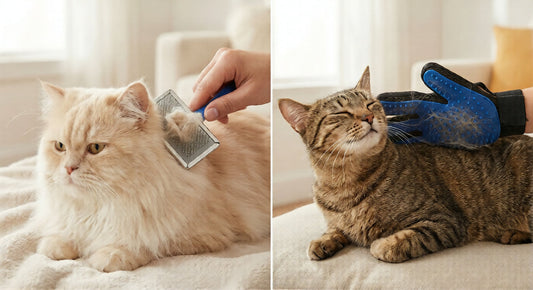A side-by-side comparison showing the correct grooming tools: a slicker brush for long-haired Persian cats and a rubber grooming glove for short-haired cats, helping owners choose the right cat fur brush.