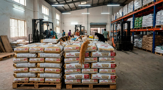 Stacks of large Royal Canin breeder bags in a warehouse, illustrating options to buy cat food bulk in Bangladesh.