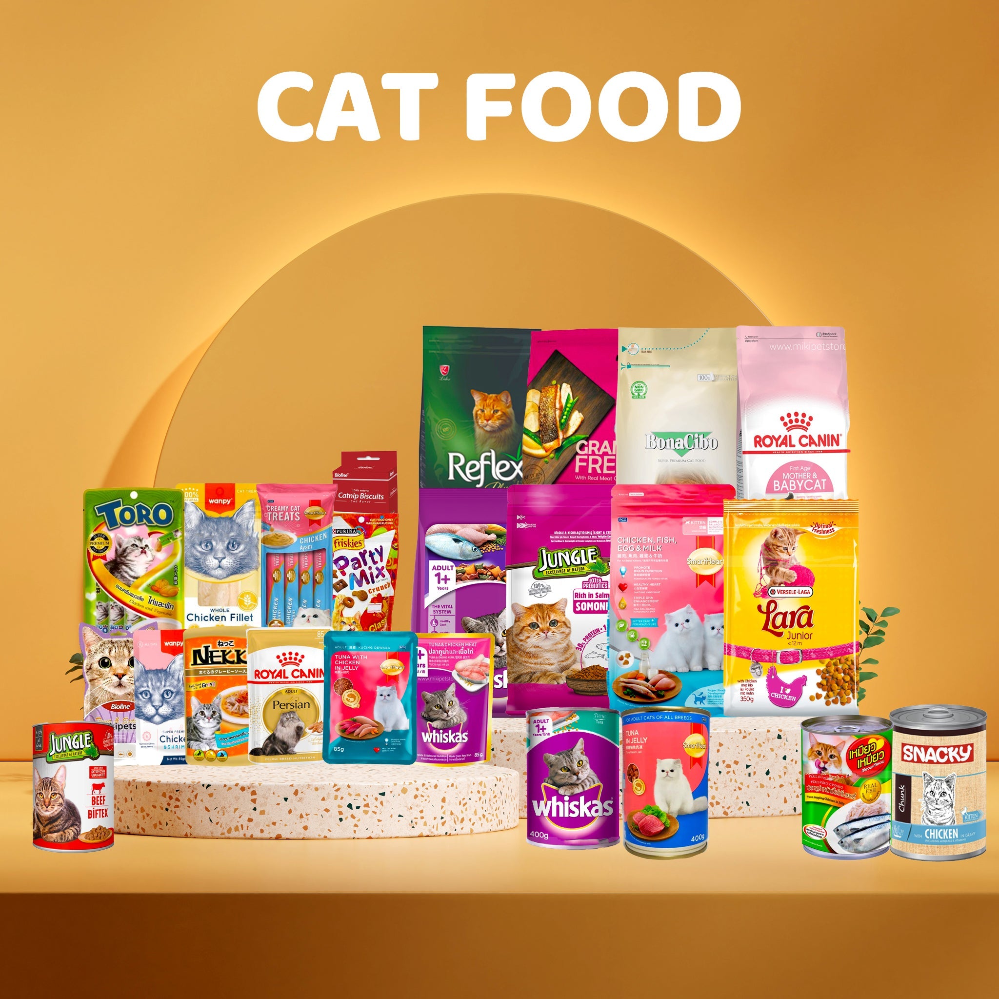 Variety of premium cat food brands available at MikiPetStore, including Taido, Royal Canin, and Whiskas.