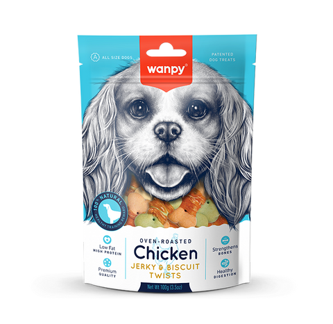 Wanpy Oven Roasted Dog Treat Chicken Jerky & Biscuit Twists 100gm