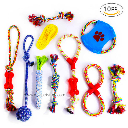 10-Set Dental Care Dog Toy Set – Braided Cotton Rope Chew Toys for Teeth Cleaning