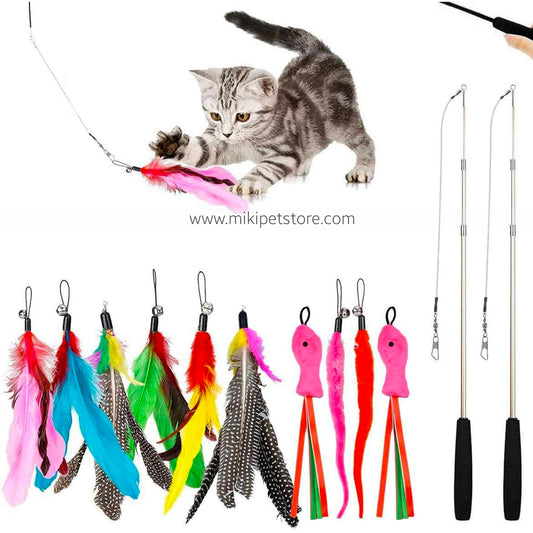 Cat Feather Toy 2 Retractable Cat Feather Wand – Interactive Teaser Toy with 10 Colorful Feathers