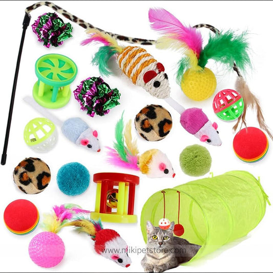 21 Piece Cat Toy Assortment – Catnip Toys, 2-Way Tunnel, Feather Teaser, Mice, Balls & Bells for Cats, Kittens & Puppies