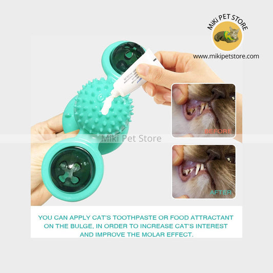 windmill-style cat toy with spinning turntable, soft biting nubs, and LED light balls to keep cats engaged and reduce boredom.
