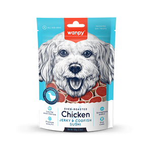 Wanpy Oven Roasted Dog Treat Chicken Jerky & Cod Fish Sushi 100gm