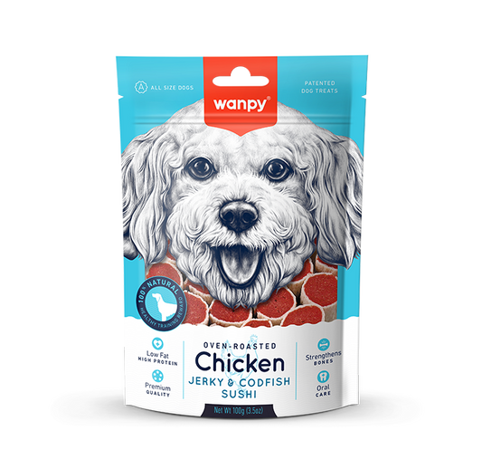Wanpy Oven Roasted Dog Treat Chicken Jerky & Cod Fish Sushi 100gm