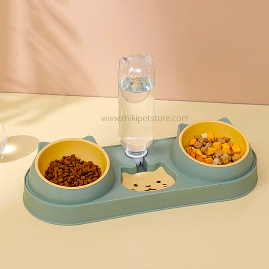 3-in-1 Tilted Cat Bowl with Stand – Anti-Vomiting Food & Water Dispenser Set