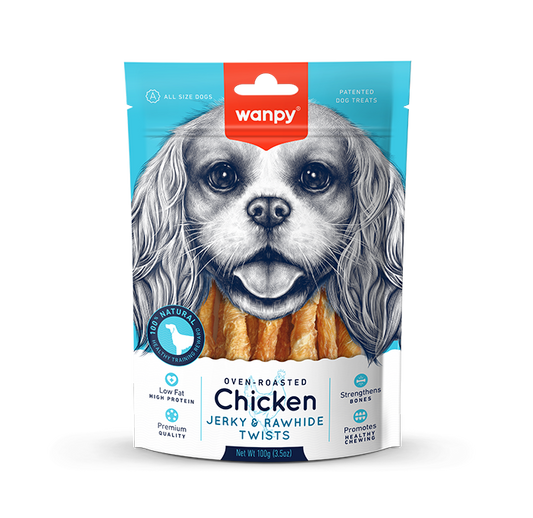 Wanpy Oven Roasted Dog Treat Chicken Jerky & Rawhide Twists 100gm