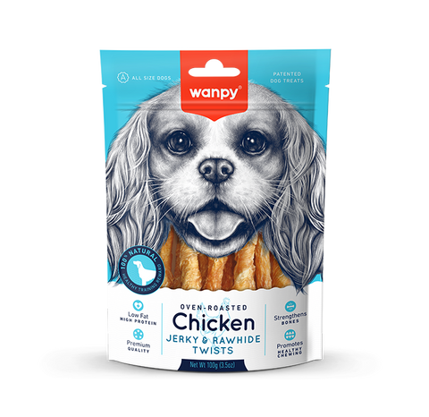 Wanpy Oven Roasted Dog Treat Chicken Jerky & Rawhide Twists 100gm
