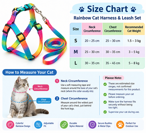 Rainbow Adjustable Cat Harness and Leash Set  Colorful Nylon Walking Harness for Cats