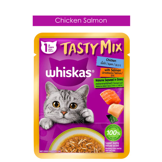 Whiskas Pouch Tasty Mix Gravy Chicken Salmon Wakame Seaweed 70gm