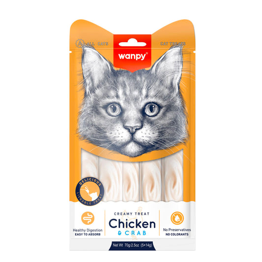 Wanpy Creamy Lickable Cat Treats – Chicken & Crab (14gx5)