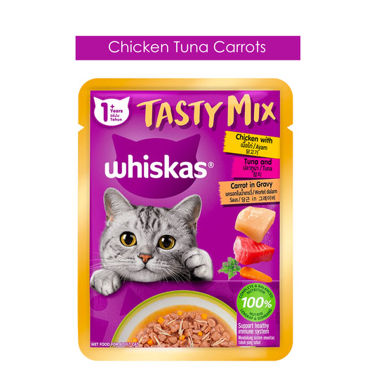 Whiskas Pouch Tasty Mix Gravy Chicken Tuna Carrots Cat Food 70gm