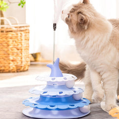 Fish Tail Design 3 Tier Turnable Disk Tower Toy with Feather for Pet Cat