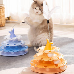 Fish Tail Design 3 Tier Turnable Disk Tower Toy with Feather for Pet Cat