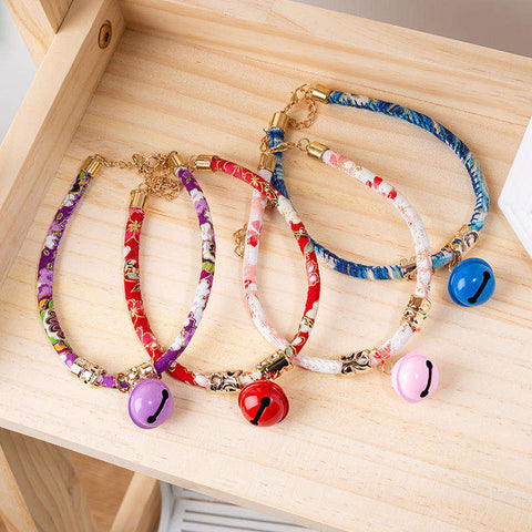 Japanese Style Cat Collar with Bell Solid Pattern Adjustable Necklace for Cats
