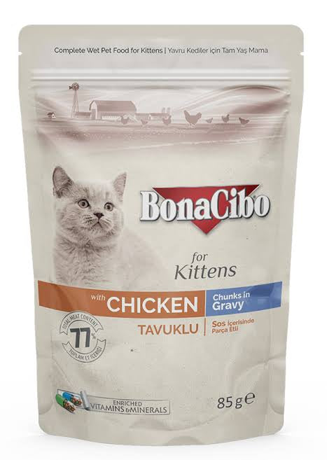 BonaCibo Kitten Wet Food Pouches - Chicken 85g