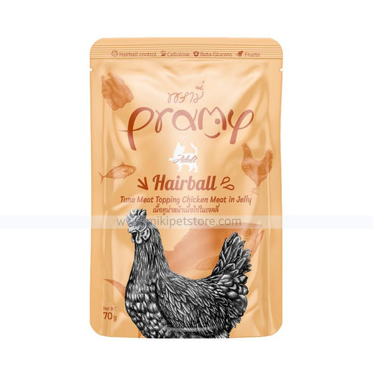 Pramy HAIRBALL Pouch Tuna Meat Topping Chicken Meat in Jelly for Adult 70gm