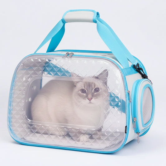 Premium Transparent Diamond-View Cat Carrier Bag – Blue