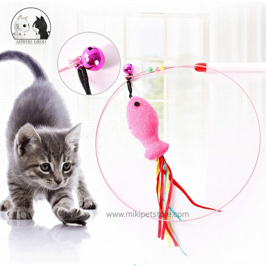 Interactive Steel Wire Cat Teaser Toy with Feather, Plush Fish, and Mouse